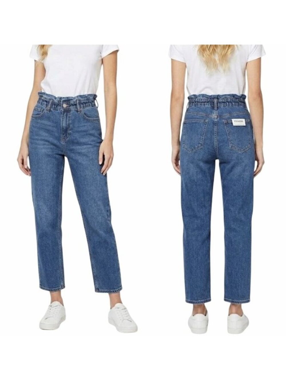 ⭐VIGOSS Women High Rise Paperbag Waist Tapered Mom Jeans Sz 28 Blue Pants New